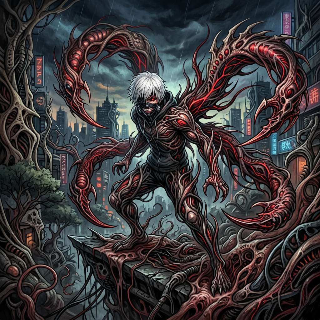 Tokyo Ghoul avatar: white-haired masked ghoul crouches on a rooftop as red kagune tendrils twist across a dark, neon-lit ruined city.