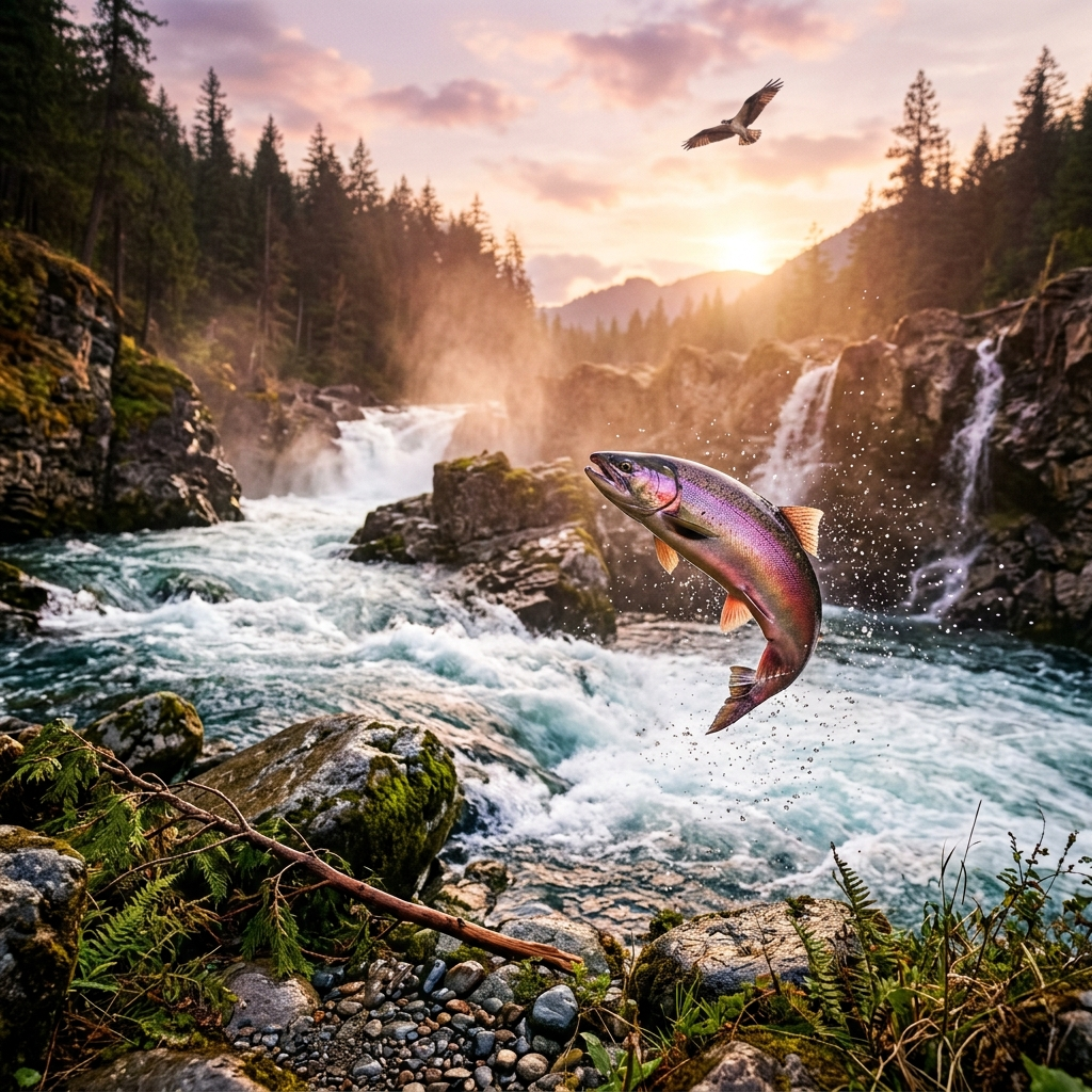 Forum avatar/pfp: vibrant salmon leaping from a rushing mountain river at sunrise, with forested waterfalls and a soaring bird overhead.