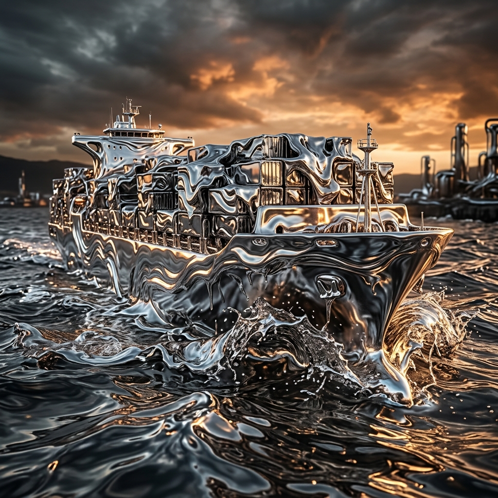 Stylized metallic container ship cutting glossy, liquid-like waves at sunset, rendered as a dramatic forum avatar/profile photo.