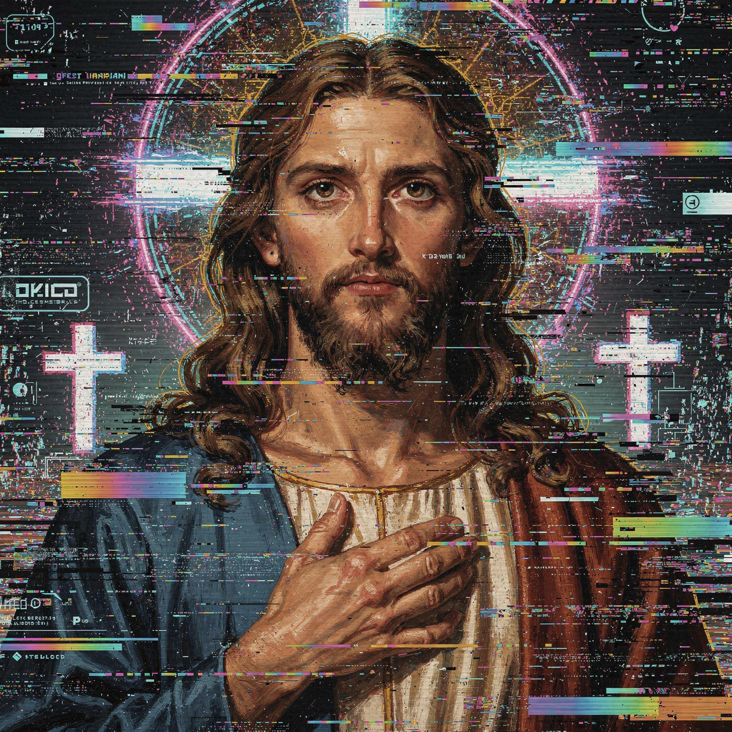Stylized digital portrait of Jesus with halo and crosses, glitch effects — forum avatar/profile photo.