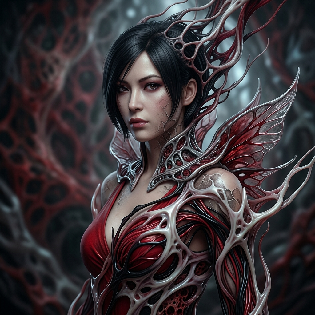 Forum avatar of Ada Wong: stylized portrait in red-black organic armor with tendril-like wings, pale skin and an intense, narrowed gaze.