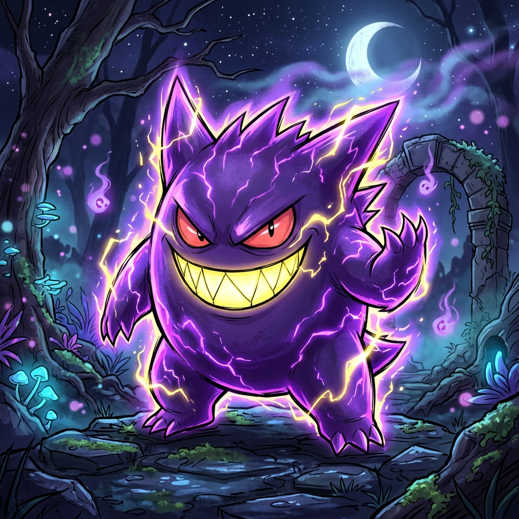 Gengar Pokémon forum avatar: glowing purple, crackling with energy, menacing grin and red eyes beneath a crescent moon in a mystical, moonlit forest.