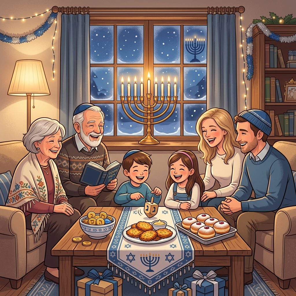 Forum avatar/pfp: warm illustration of a multigenerational family celebrating Hanukkah around a lit menorah, with dreidel, sufganiyot and gifts in a cozy living room.
