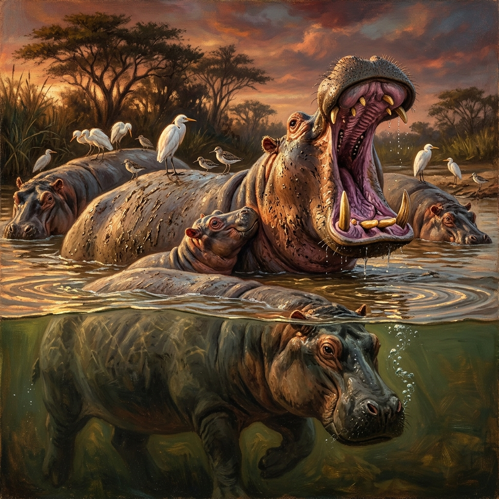 Forum avatar of hippos in a golden swamp: a yawning adult with wide-open jaws, egrets on their backs, and a submerged hippo visible underwater.