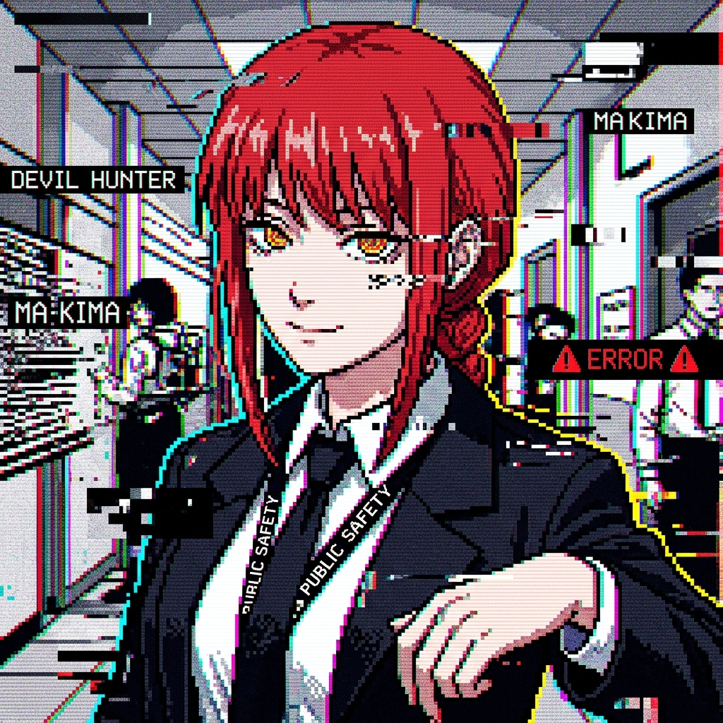 Forum profile photo of Makima (Chainsaw Man): pixel-art red-haired Public Safety officer in a suit, glitchy retro effects, hallway background with ERROR and Devil Hunter text.