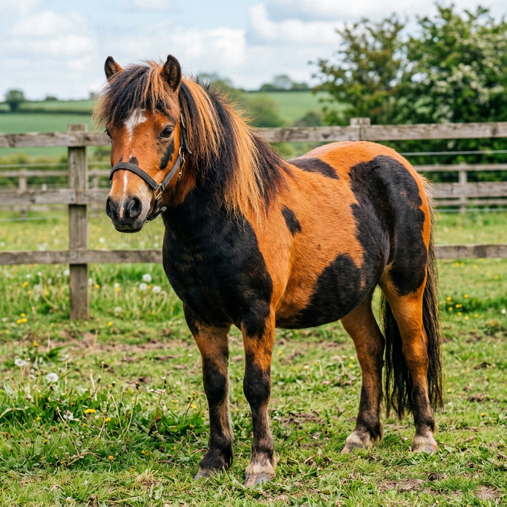 Chestnut-and-black pony wearing a bridle, standing in a grassy paddock, presented as a forum avatar/profile photo.