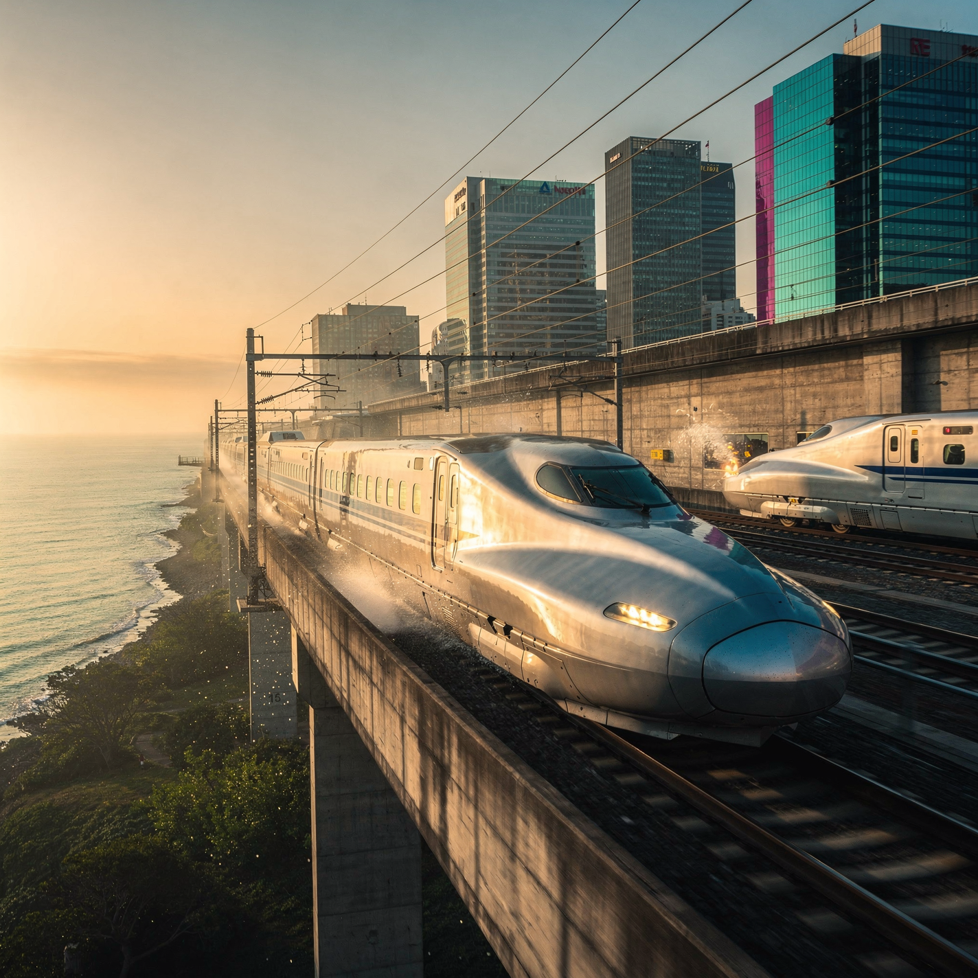 Forum avatar/pfp: sleek silver bullet train racing along coastal elevated tracks at sunrise with a modern city skyline in the background.