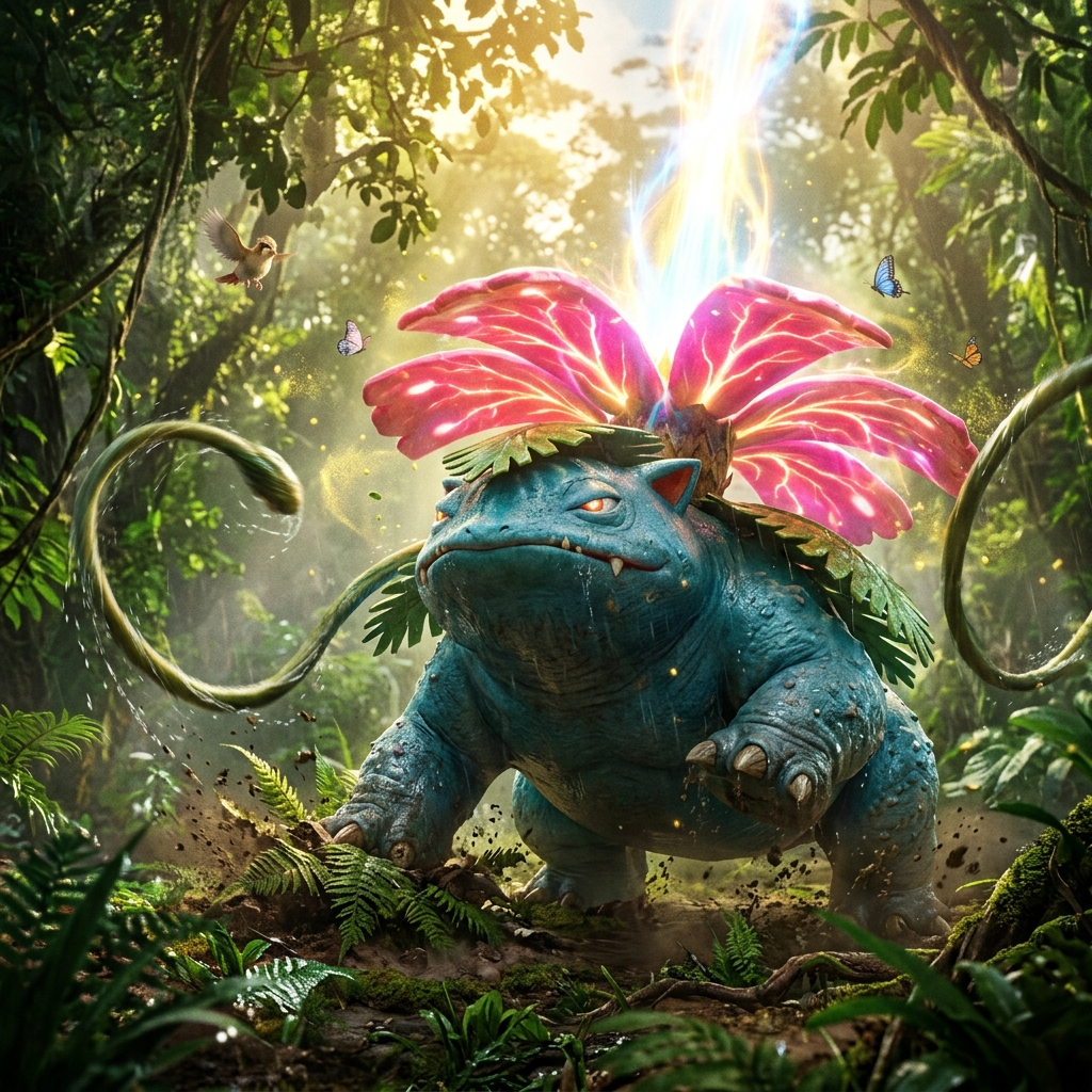 Forum avatar of Venusaur (Pokémon): Venusaur in a sunlit jungle, pink flower glowing atop its back and vines curling around it in a detailed, heroic portrait-style pfp.