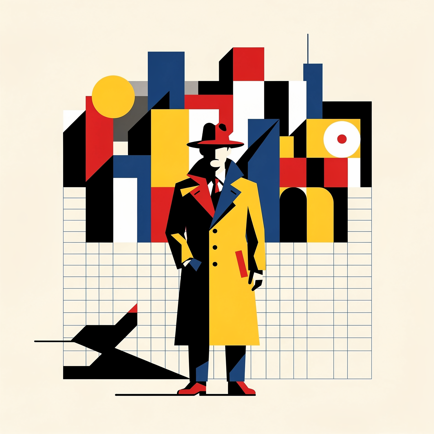 Stylized detective in a yellow trench coat and red hat standing before a geometric, grid-patterned cityscape — minimalist forum avatar/profile photo.
