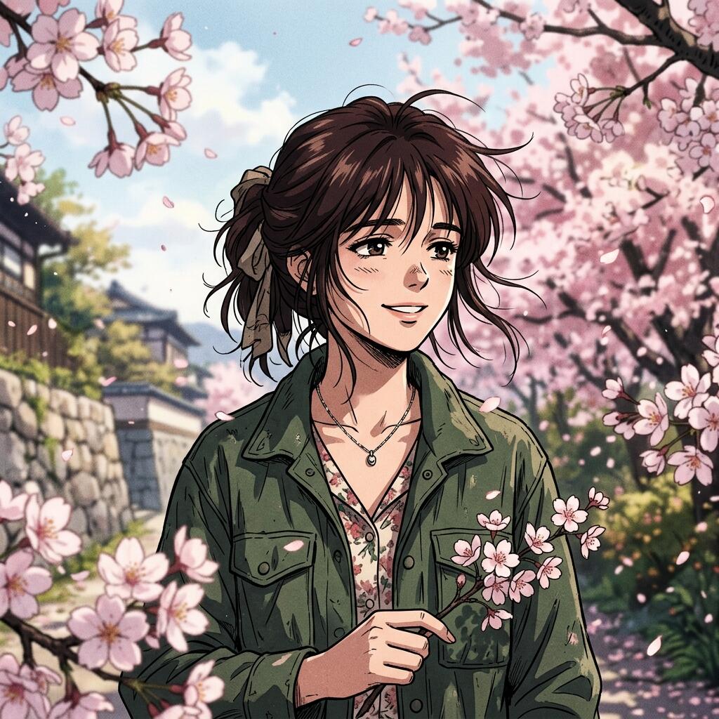 Anime-style spring portrait of a smiling young woman among cherry blossoms, framed as a forum avatar/pfp.