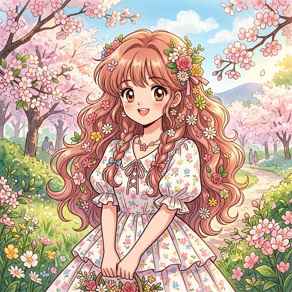 Spring forum avatar: smiling anime girl with long braided auburn hair, floral crown and dress, surrounded by cherry blossoms and a sunlit flowering meadow.