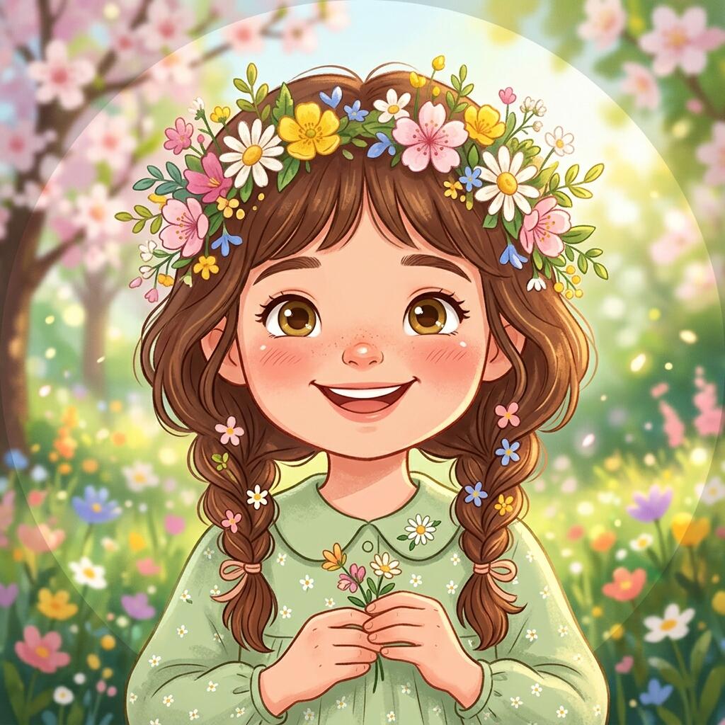Cute spring-themed forum avatar of a smiling girl with braided hair and a daisy flower crown, holding small blossoms amid a bright meadow.