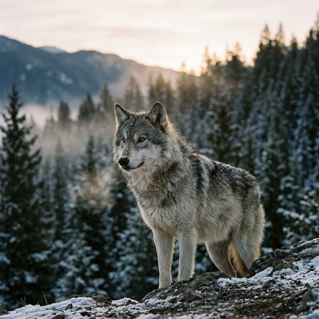 Forum avatar/pfp: gray wolf standing on a snowy ridge, with pine forest and misty mountains lit by sunrise.