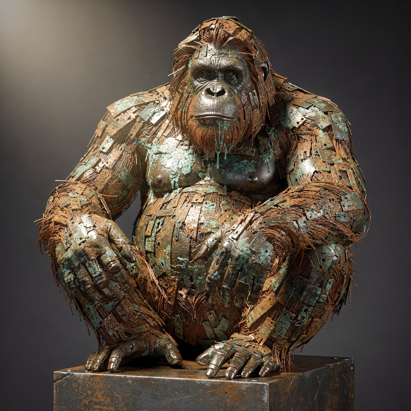 Orangutan sculpture used as a forum avatar/pfp: squatting on a pedestal with textured metallic patchwork, weathered patina and a contemplative, expressive face.