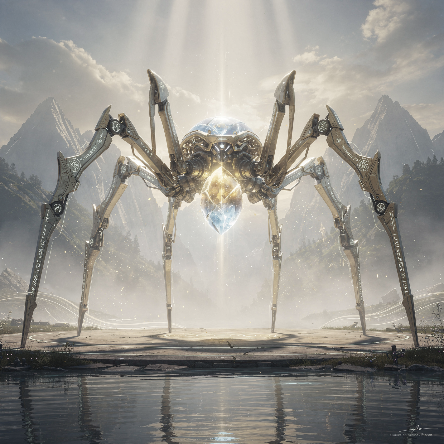 Forum avatar/pfp: gleaming spider mech with a crystalline core and articulated metallic legs reflected in still water before misty mountain peaks.