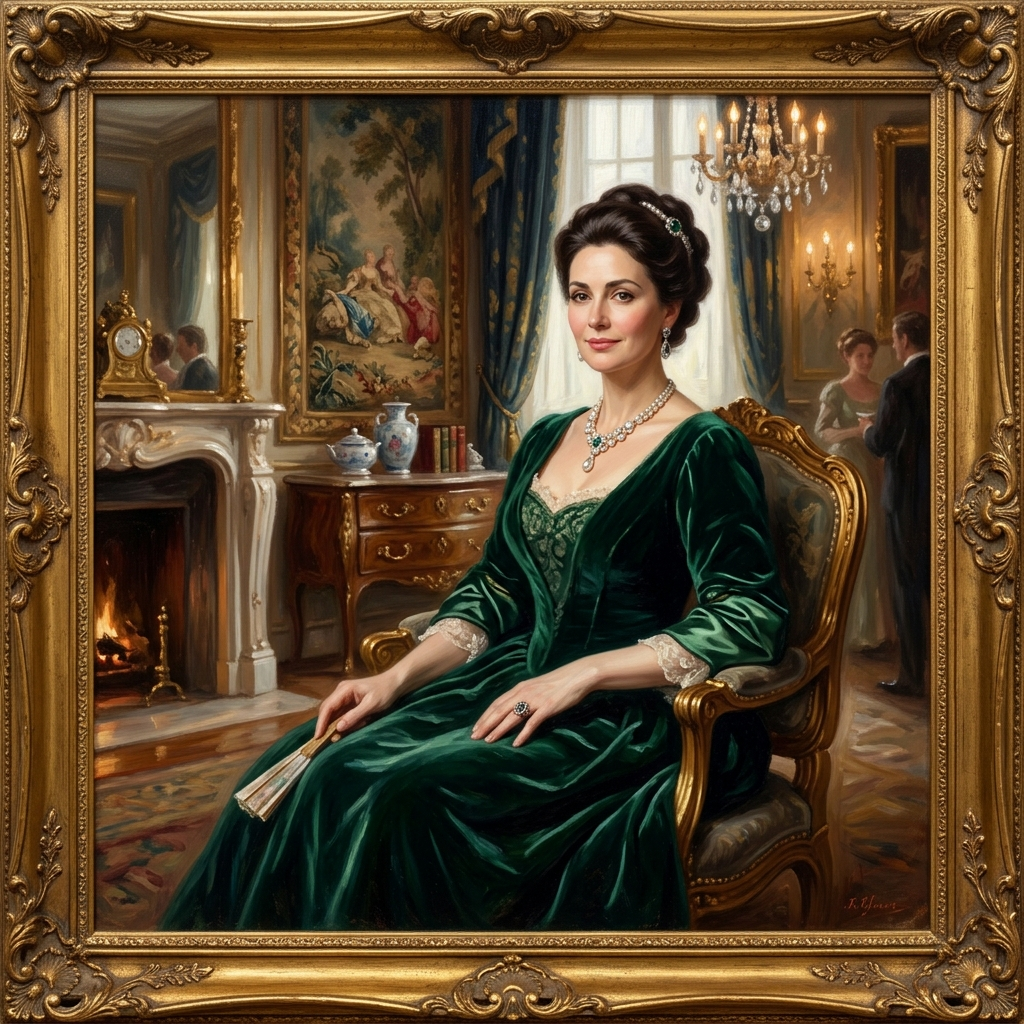 Oil painting portrait of a poised woman in an emerald velvet gown seated in an ornate chair in an opulent interior — presented as a framed forum avatar/pfp/profile photo.