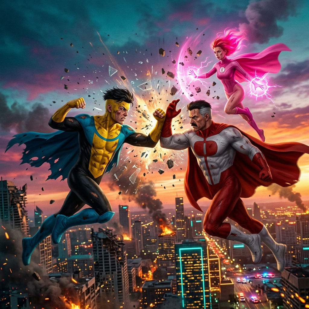 Forum avatar: Invincible-style showdown—blue-and-yellow hero and red-caped rival clash above a burning city while a pink energy heroine hovers nearby.