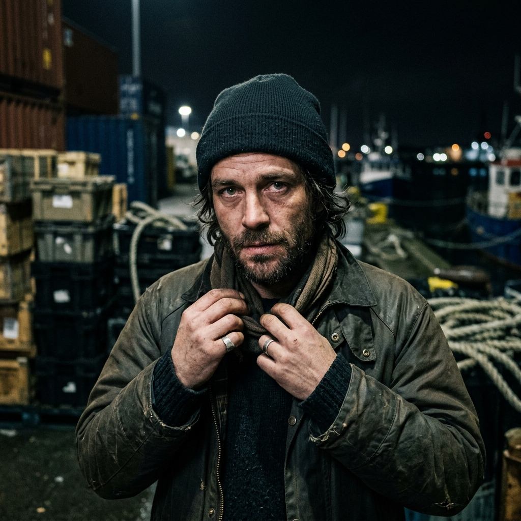 Forum avatar of a weathered man in a beanie and coat at a nighttime dock, adjusting his collar — smuggler persona.