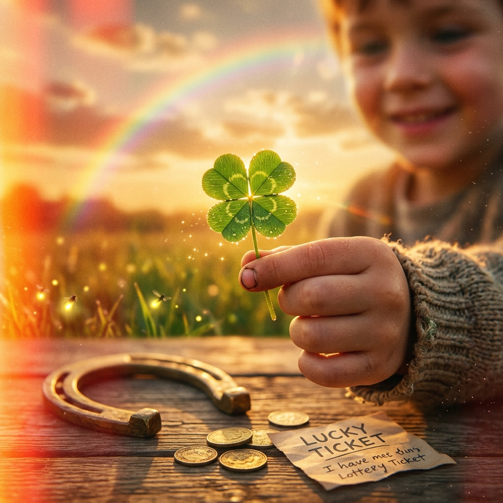 Lucky forum avatar/pfp: smiling child holds a four-leaf clover over coins, a horseshoe and a Lucky Ticket on a sunlit table with a rainbow in the sky.