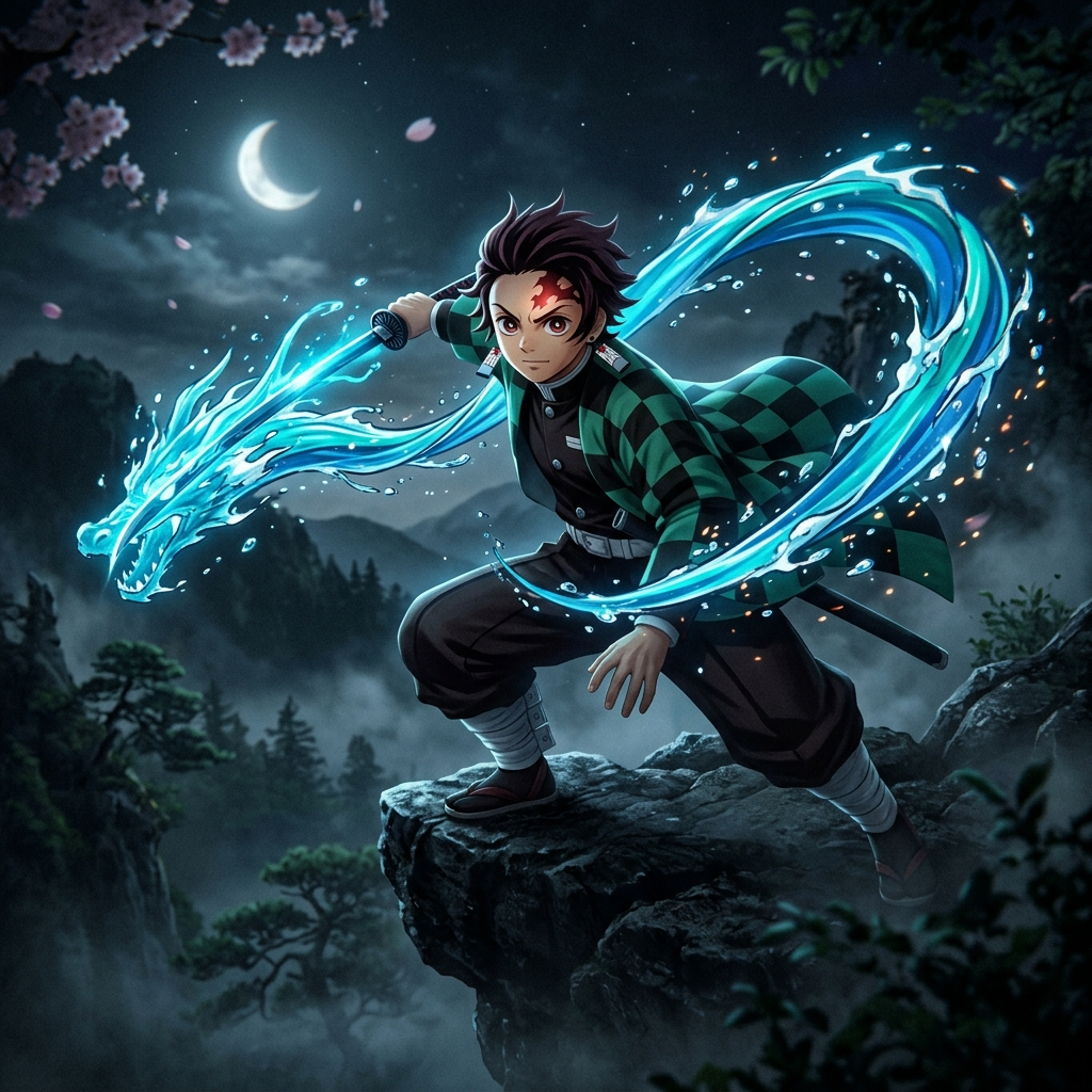 Forum avatar of Tanjiro Kamado: crouched on a rocky outcrop under a moonlit sky, wearing a checkerboard haori and summoning a swirling blue Water Breathing wave.