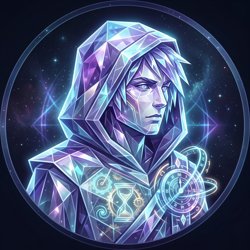 Forum avatar of a crystalline hooded Time Traveler — angular purple-blue portrait with glowing hourglass and orbiting clock motifs set against a starry geometric cosmos.