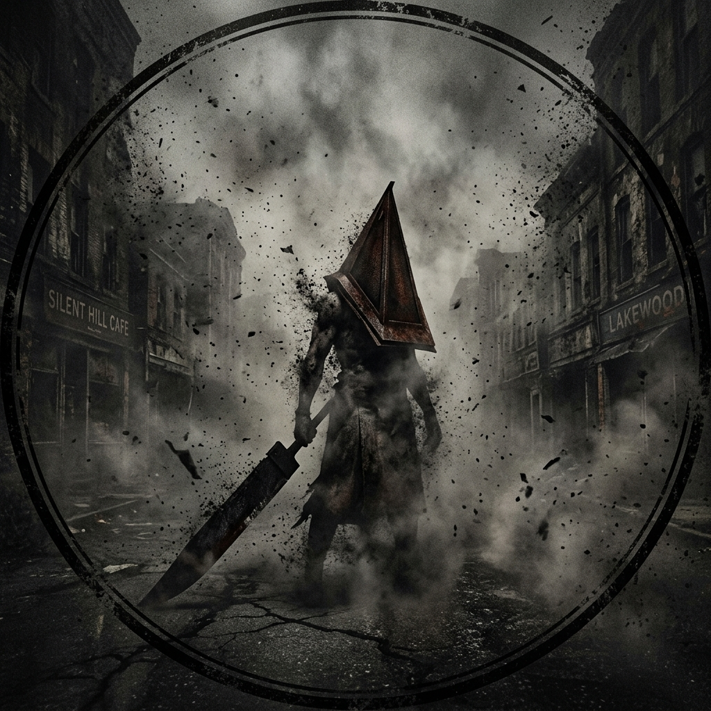 Forum avatar of Pyramid Head from Silent Hill: hulking figure in a rusted pyramid helmet carrying a massive blade, emerging through fog and debris in a ruined town within a circular vignette.