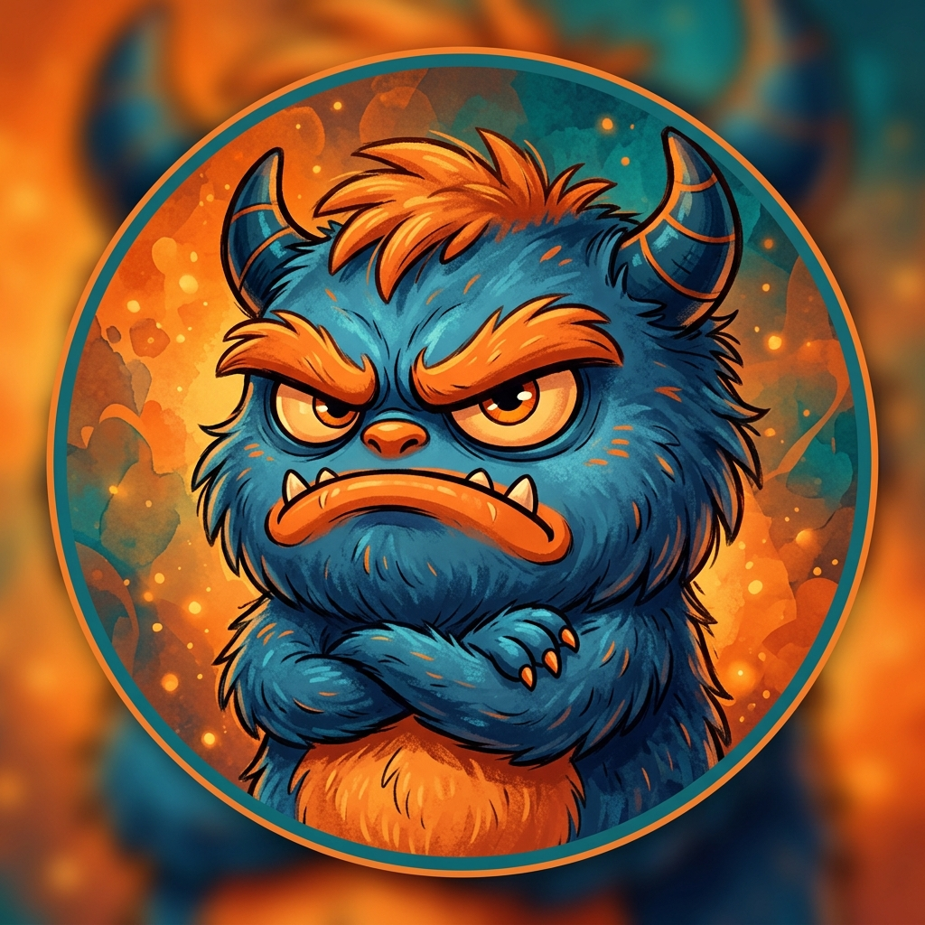 Grumpy blue-orange furry monster pfp/forum avatar with crossed arms, scowl, small horns and tufted hair inside a circular profile frame.