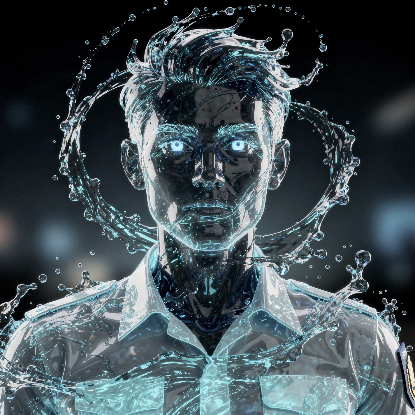 Stylized water-glass humanoid with glowing eyes and collared shirt, representing a security guard forum avatar/profile photo.