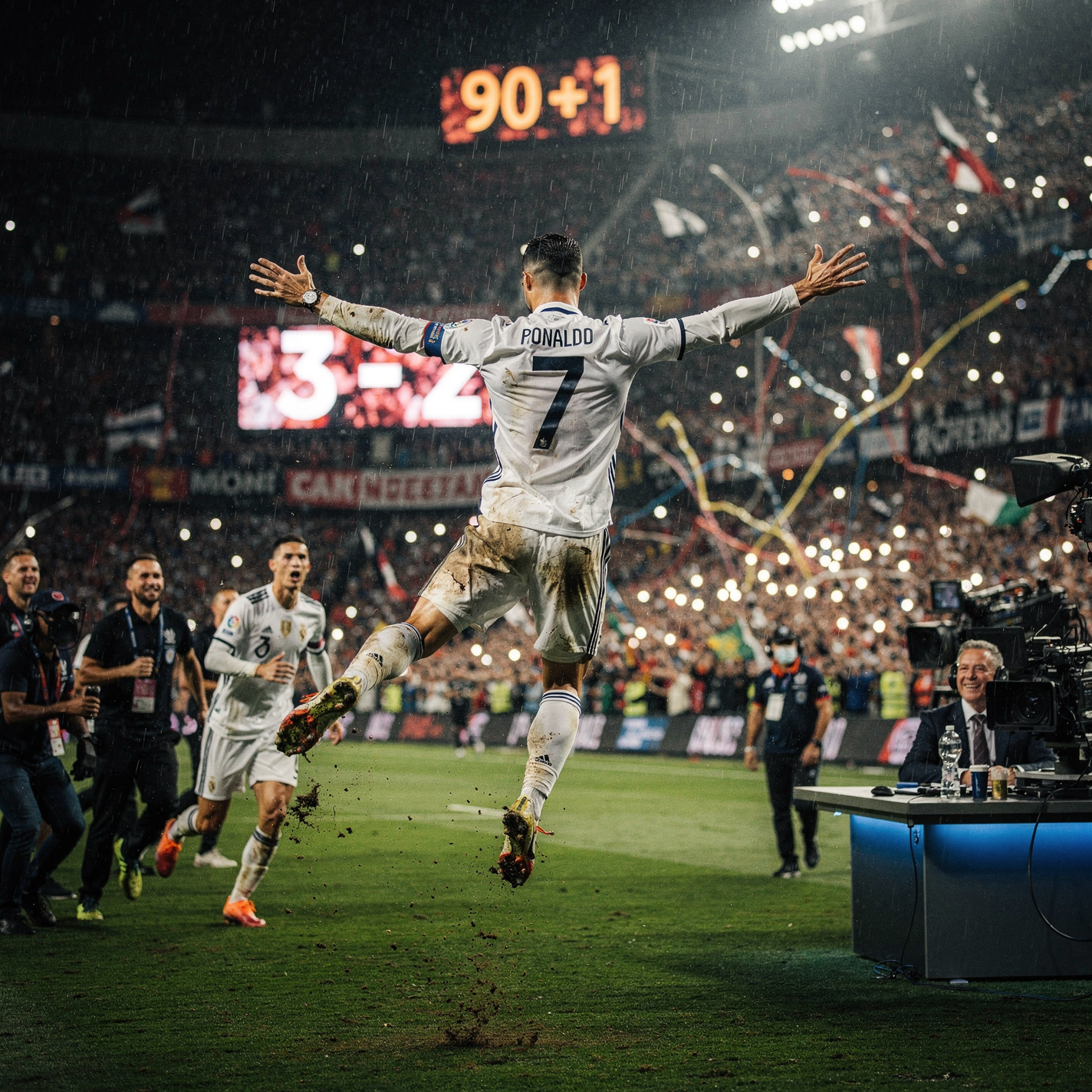 Forum avatar: soccer player in white #7 jersey leaping with arms outstretched amid confetti and a cheering stadium crowd.