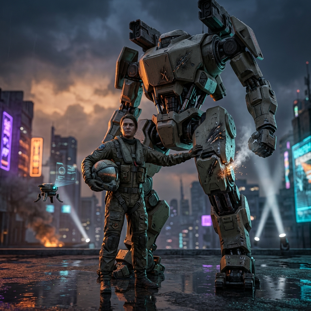 PFP/forum avatar of a mech pilot standing beside a towering combat mech in a neon-lit city, holding a helmet on rain-slick streets with drones and skyscrapers in the background.