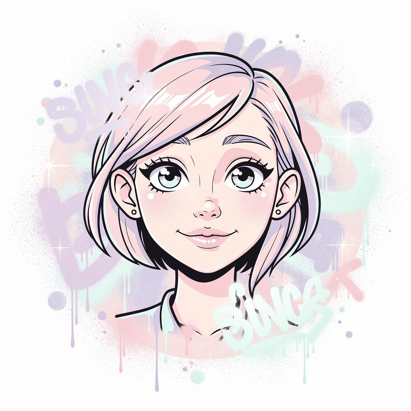 Pastel anime-style forum avatar/pfp/profile photo of a smiling young woman with short pink hair, large green eyes, subtle freckles and small earrings against soft watercolor splashes.