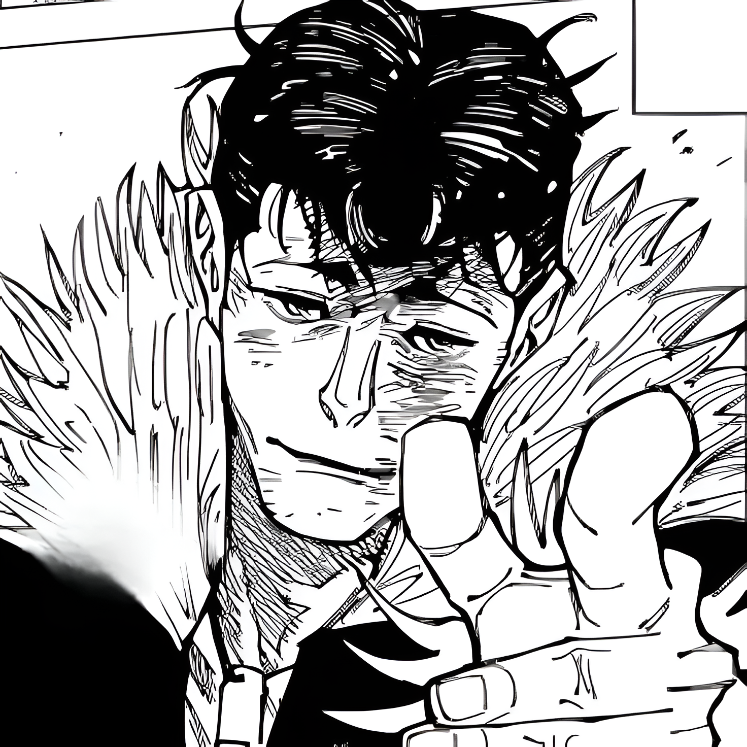 Black-and-white manga portrait of Ryu Ishigori from Jujutsu Kaisen — smirking in a fur-collared coat, hand reaching toward the viewer, cropped as a forum avatar/pfp.
