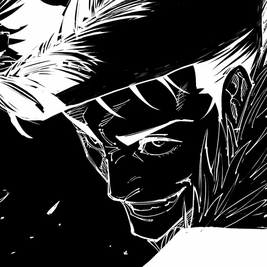 Dark monochrome anime avatar of Ryu Ishigori from Jujutsu Kaisen, grinning menacingly beneath a hat with sharp, high-contrast inked shadows.