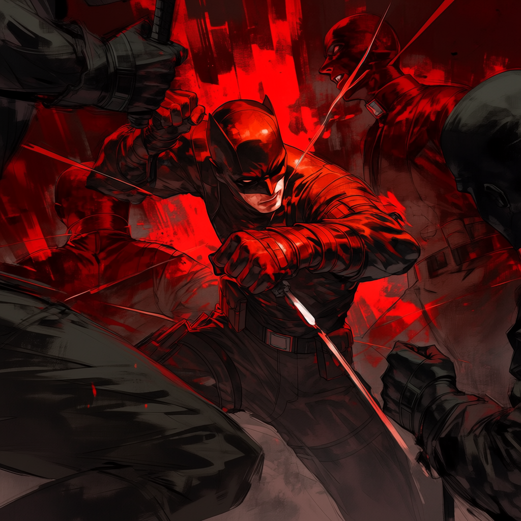 Forum avatar/profile photo: Daredevil (Marvel Comics) in red, lunging into combat with his billy club against shadowy foes amid a blood‑red backdrop.