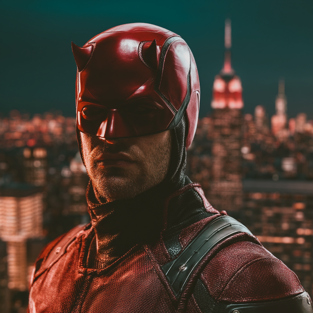 Portrait of Daredevil (Marvel Comics) in red cowl and suit, stoic expression with blurred city skyline at night — stylized forum avatar/pfp.
