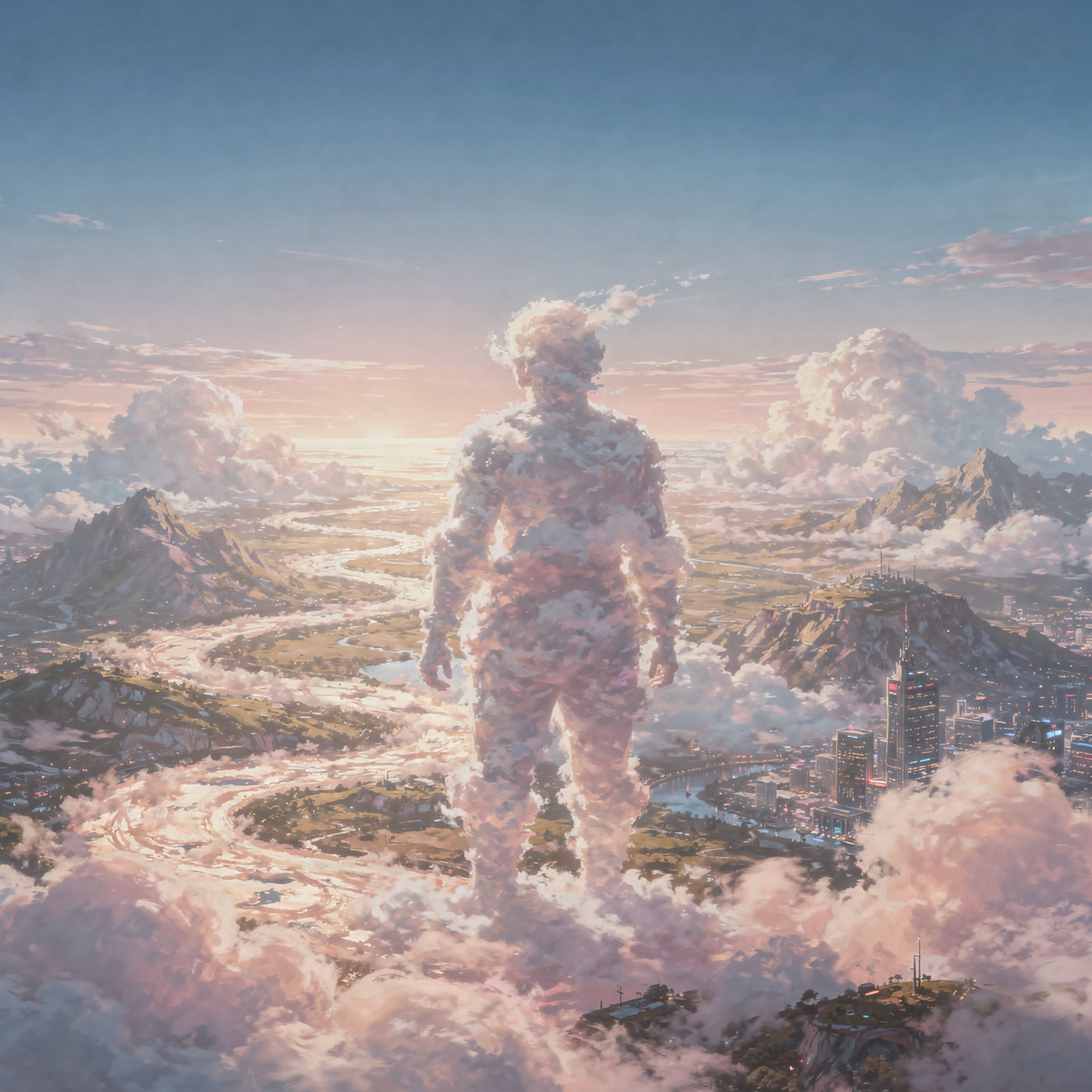Wanderlust forum avatar: a humanoid made of clouds standing above a pastel landscape of winding rivers and mountains at sunrise — dreamy, adventurous profile image.