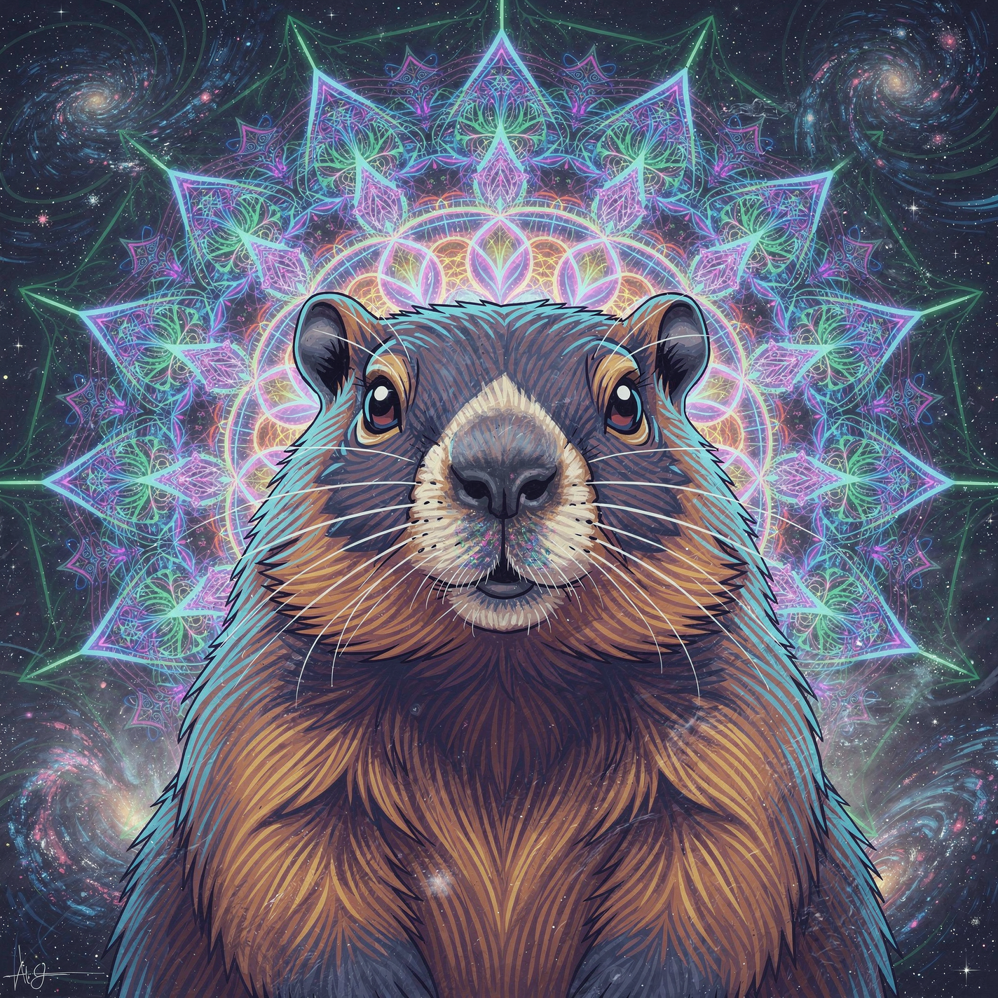 Stylized groundhog portrait with glowing mandala and starry background, shown as a colorful forum avatar/pfp.
