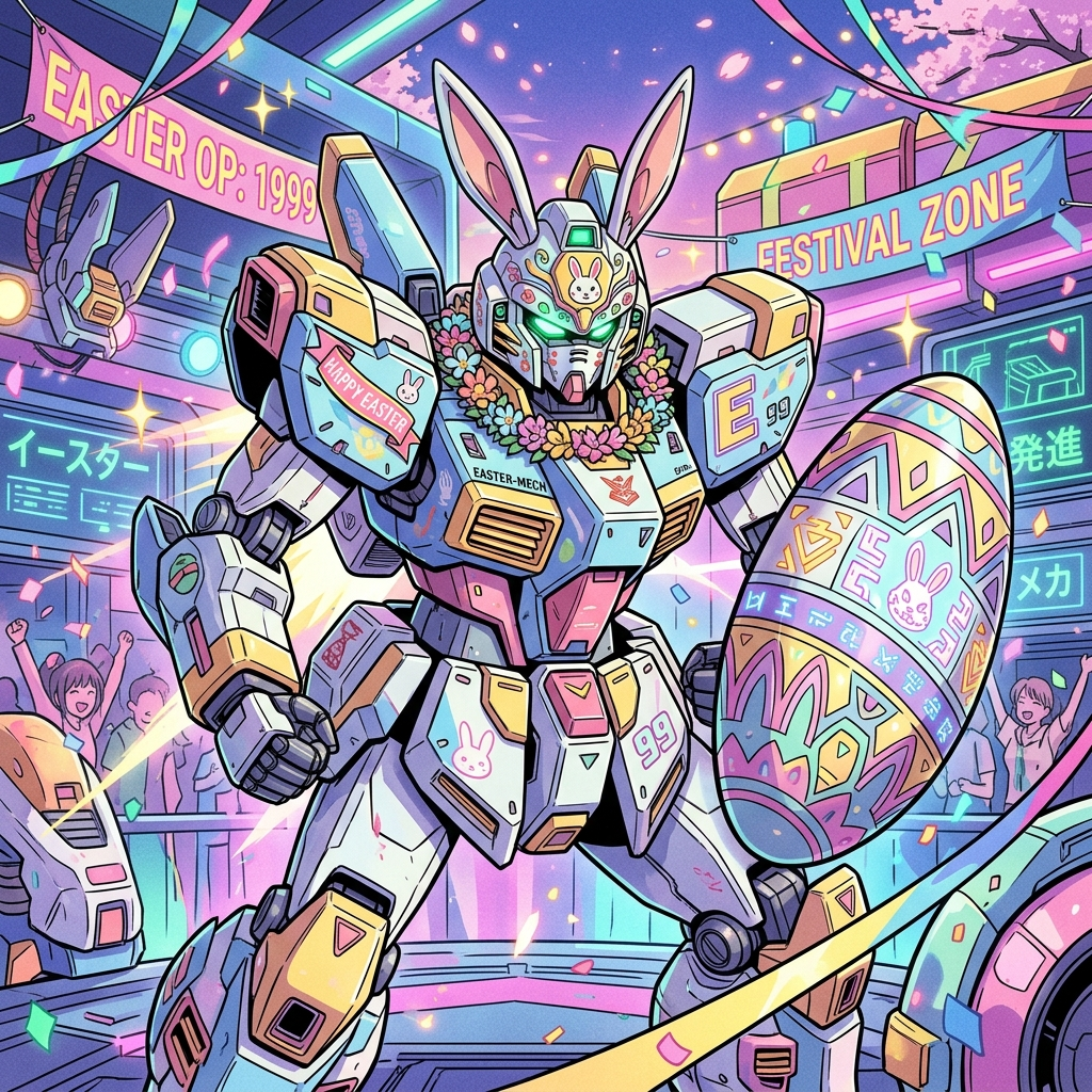 Easter-themed mech in pastel armor with bunny ears and floral wreath, holding a decorated egg in a neon festival scene — forum avatar/pfp/profile photo.