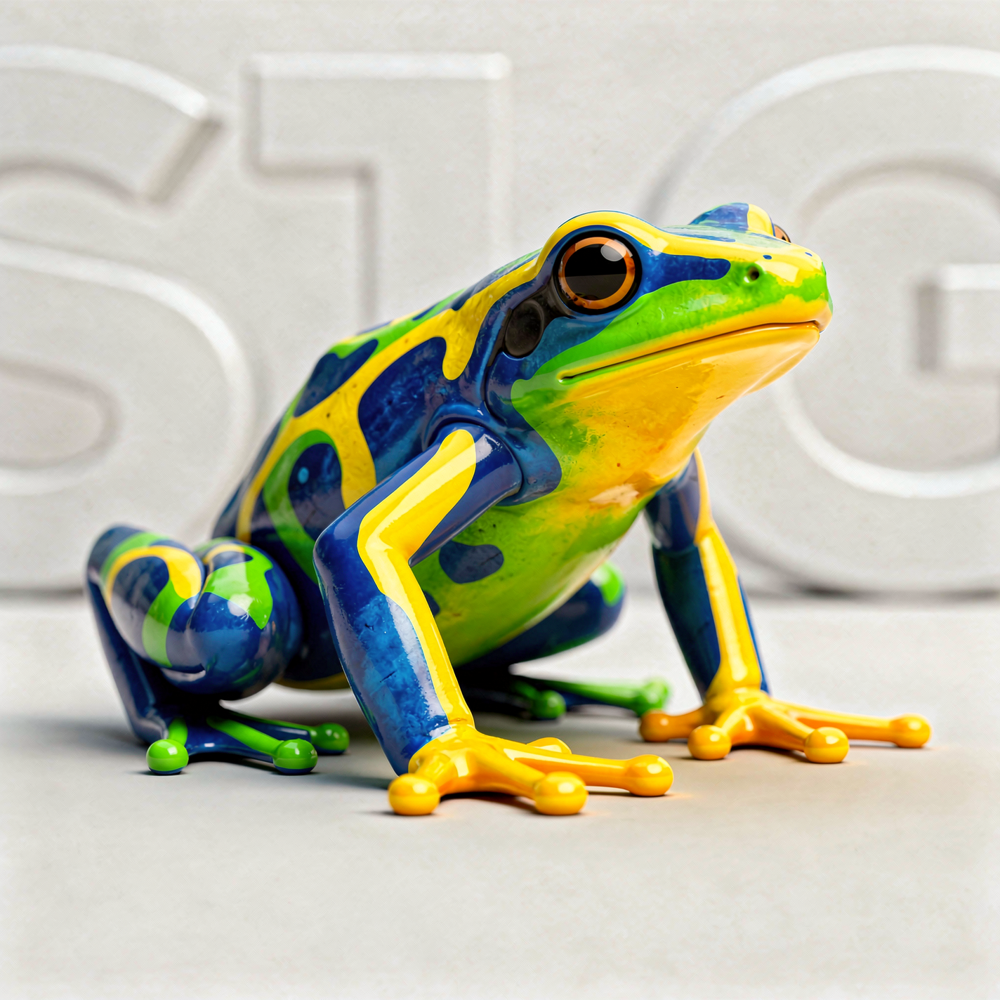 Colorful green, blue and yellow poison dart frog shown as a glossy forum avatar/pfp, close-up profile photo.
