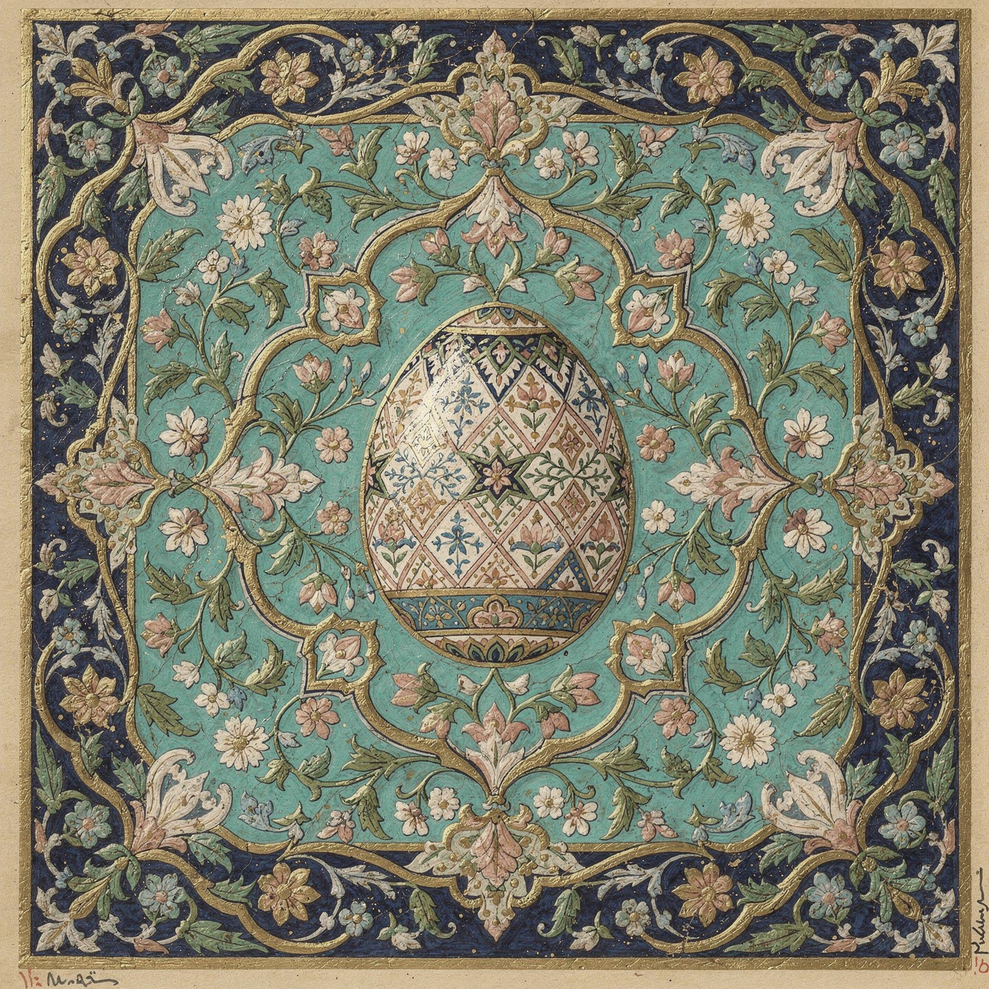 Easter forum avatar/pfp: ornate patterned egg centered on a teal and navy floral tapestry.