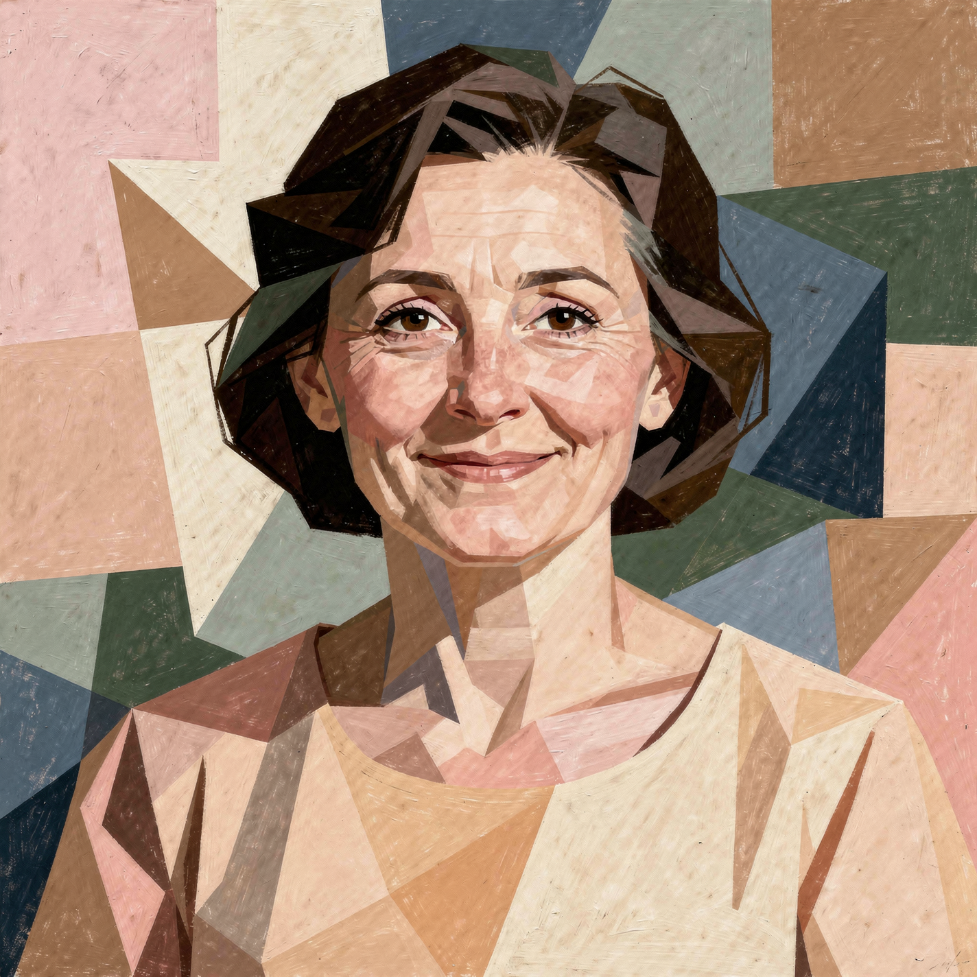 Stylized geometric forum avatar of a smiling middle-aged woman labeled Mom, with short dark hair and a warm expression against a multicolored abstract background.