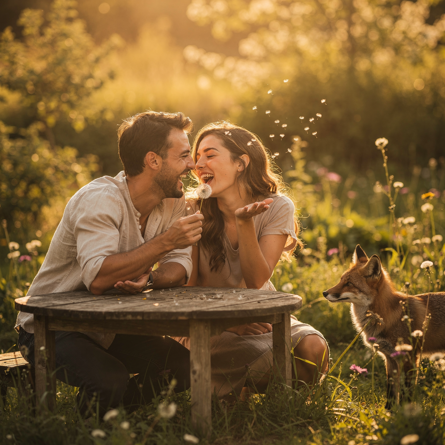 Forum avatar/pfp: engaged couple laughing in a sunlit meadow, sharing a dandelion moment at a low table while a dog watches nearby.