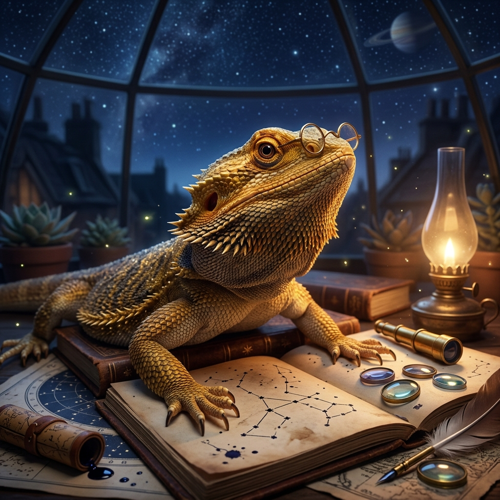 Bearded Dragon forum avatar: a bearded dragon perched on an open star-chart book in a lantern-lit study, surrounded by lenses, a quill, and a starlit domed window.