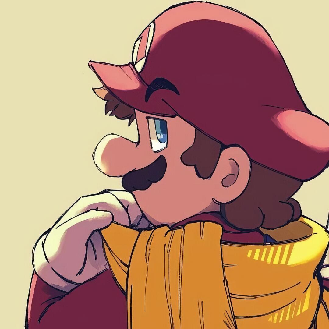 Stylized Mario forum avatar: three-quarter profile, red cap and yellow scarf, contemplative expression rendered in warm, painterly colors.