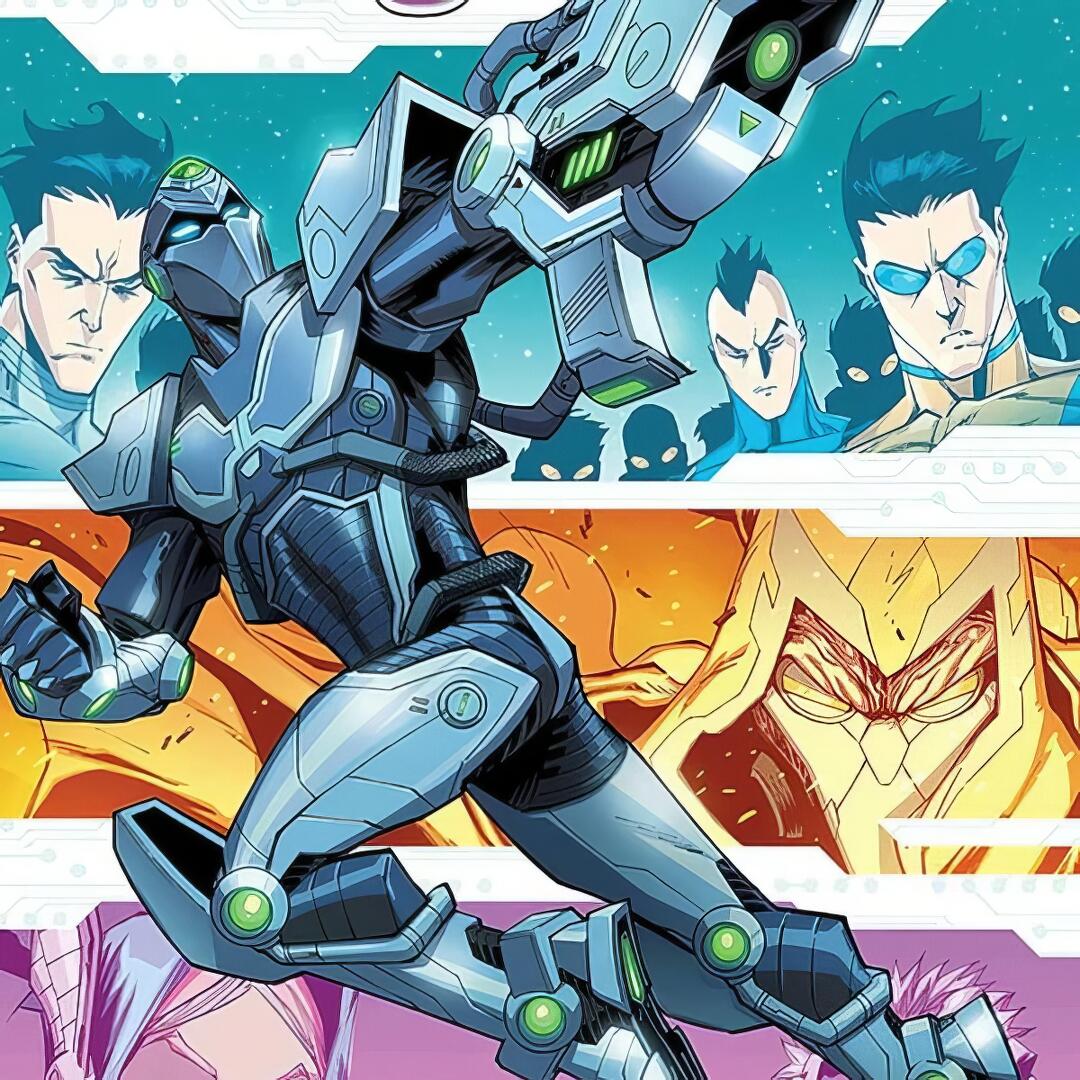 Tech Jacket (Image Comics/Invincible) forum avatar: armored blue-gray hero leaping with glowing green highlights over colorful panels featuring multiple character portraits.