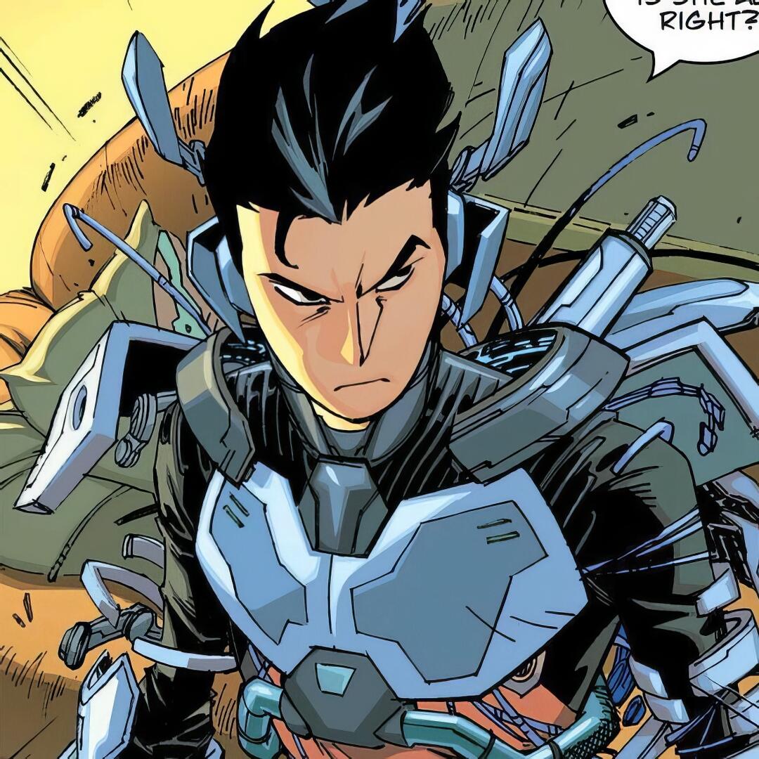 Forum avatar/profile photo of Tech Jacket (Image Comics’ Invincible): a young hero in a blue-gray armored tech suit with black hair, exposed cables and mechanical plates.