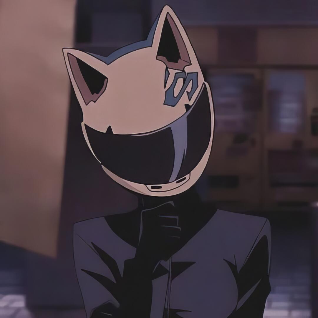 Forum avatar/pfp of Celty Sturluson (Durarara!!): cool anime girl in a cat-eared motorcycle helmet and dark jacket, visor concealing her face.