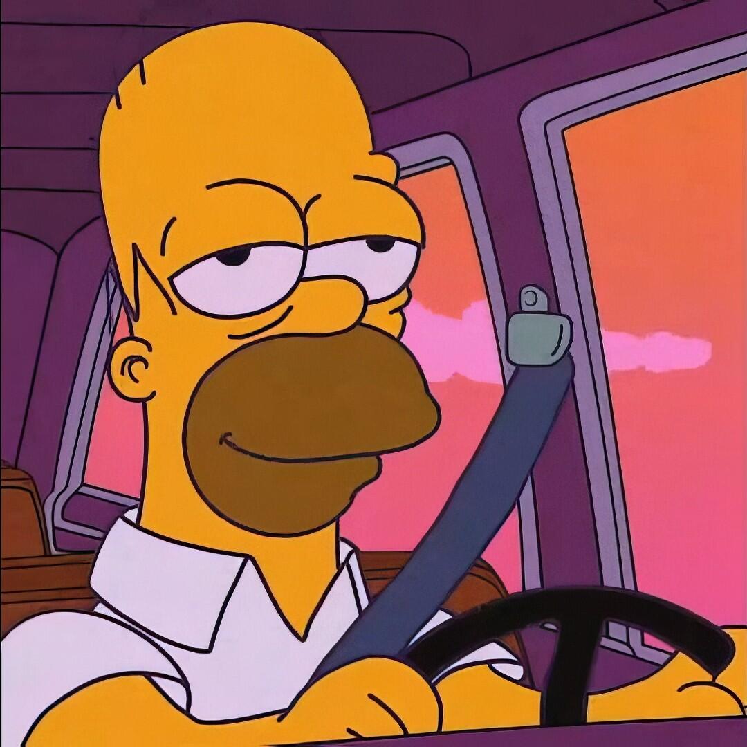 Cartoon Homer Simpson from The Simpsons, smirking and chill behind the wheel with seatbelt and sunset glow — forum avatar/pfp.
