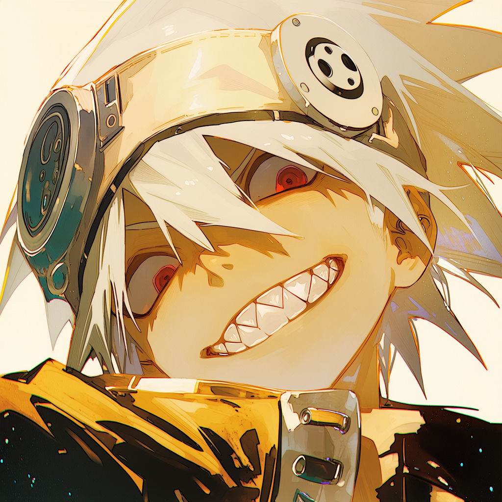 Close-up anime avatar of Soul Evans (Soul Eater) — white hair, red eyes, wide toothy grin, wearing goggles and a yellow jacket.