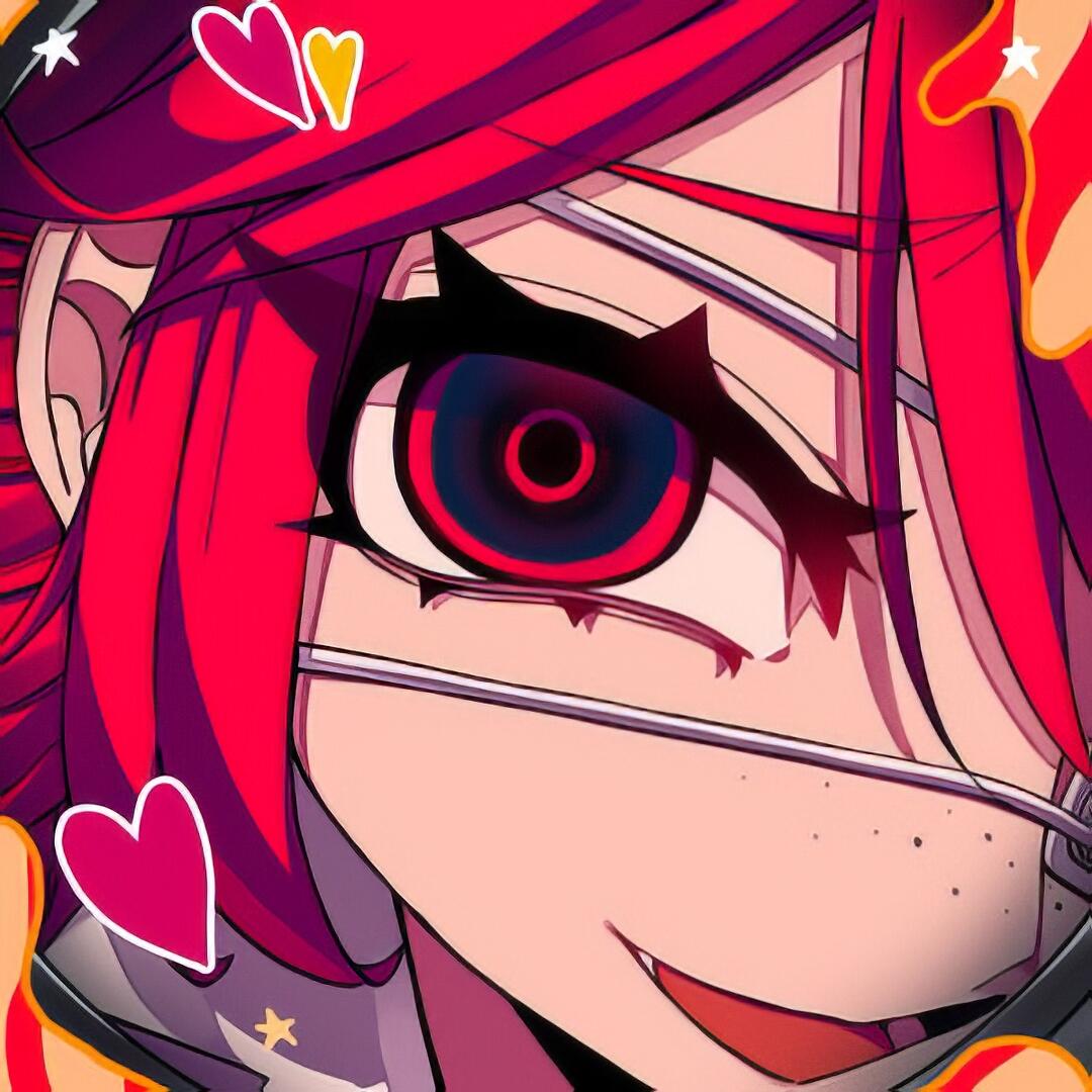 Close-up forum avatar of Kasane Teto (UTAU): bright red hair, striking concentric anime eye, facial bandages and freckles, playful smirk with heart decorations.